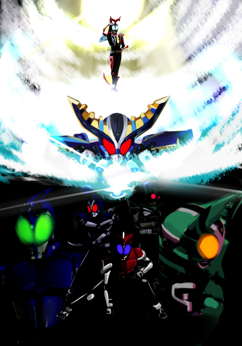 3boys absurdres glowing glowing_eyes highres kamen_rider kamen_rider_gatack kamen_rider_kabuto kamen_rider_kabuto_(series) kamen_rider_kick_hopper male_focus multiple_boys vancat