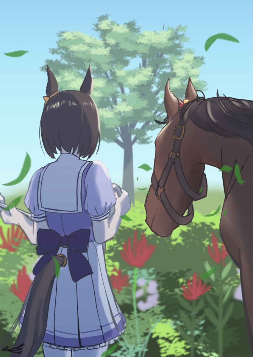 1girl air_groove_(umamusume) animal_ears bow clothing_cutout commentary flower from_behind highres horse horse_ears horseshoe_ornament liberty_island_(racehorse) pleated_skirt puffy_short_sleeves puffy_sleeves purple_bow purple_shirt real_life sailor_collar sailor_shirt school_uniform shirt short_sleeves skirt tail tail_through_clothes tanasiso thighhighs tracen_school_uniform tree umamusume white_skirt white_thighhighs