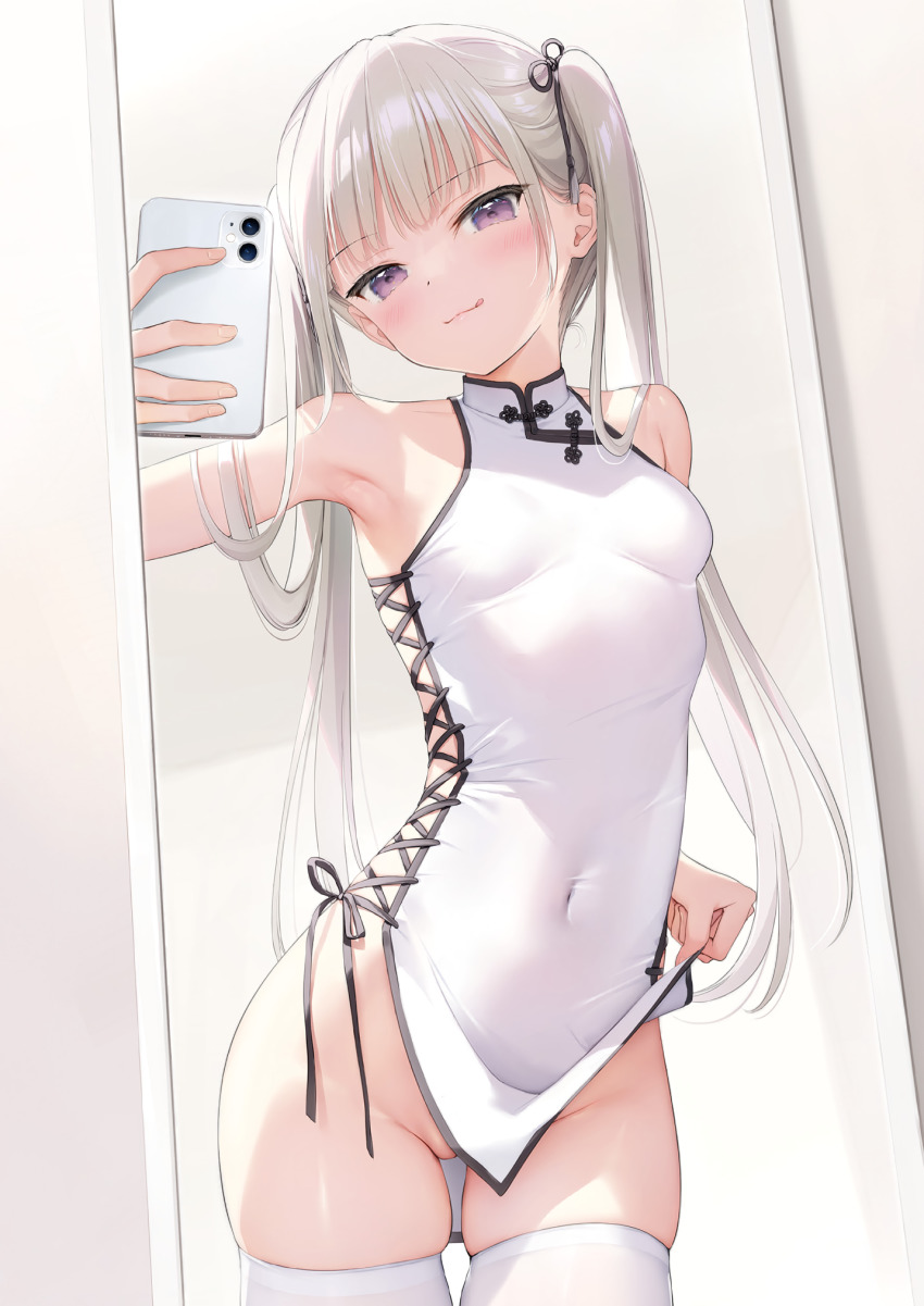 1girl :q armpits bare_shoulders blush breasts cellphone china_dress chinese_clothes closed_mouth clothes_lift collarbone contrapposto covered_navel dress female_pov flashing highres holding holding_phone ame_(mignon) lifting_own_clothes long_hair looking_at_viewer melonbooks microdress mignon mirror no_panties original phone pov purple_eyes reaching reaching_towards_viewer reflection selfie side_slit skindentation small_breasts smartphone smile solo taking_picture thighhighs third-party_edit tongue tongue_out twintails white_dress white_thighhighs