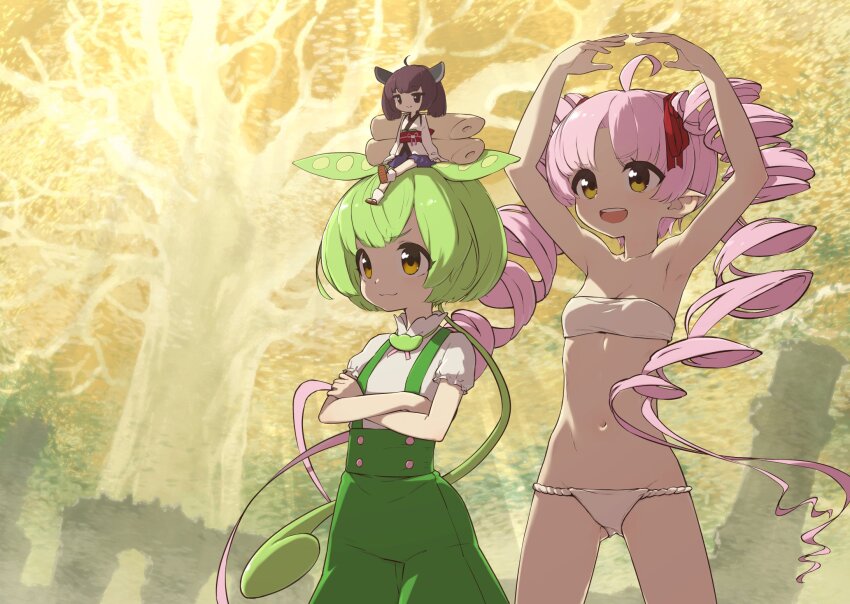 3girls ahoge arms_up bandeau blue_skirt breasts brown_hair closed_mouth commentary_request crossed_arms drill_hair elden_ring erdtree_(elden_ring) fundoshi green_hair hair_ribbon headgear highres japanese_clothes kimono kiritanpo_(food) long_hair looking_ahead low_ponytail mini_person minigirl multiple_girls o_arms on_head onikko_hunter_tsuina-chan open_mouth outdoors pink_hair ponytail red_ribbon ribbon shirt short_kimono sidelighting sitting skirt small_breasts smile suspenders touhoku_kiritan tree tsuina-chan twin_drills underwear underwear_only voiceroid voicevox white_bandeau white_kimono white_shirt yamadori_seika yellow_eyes zundamon