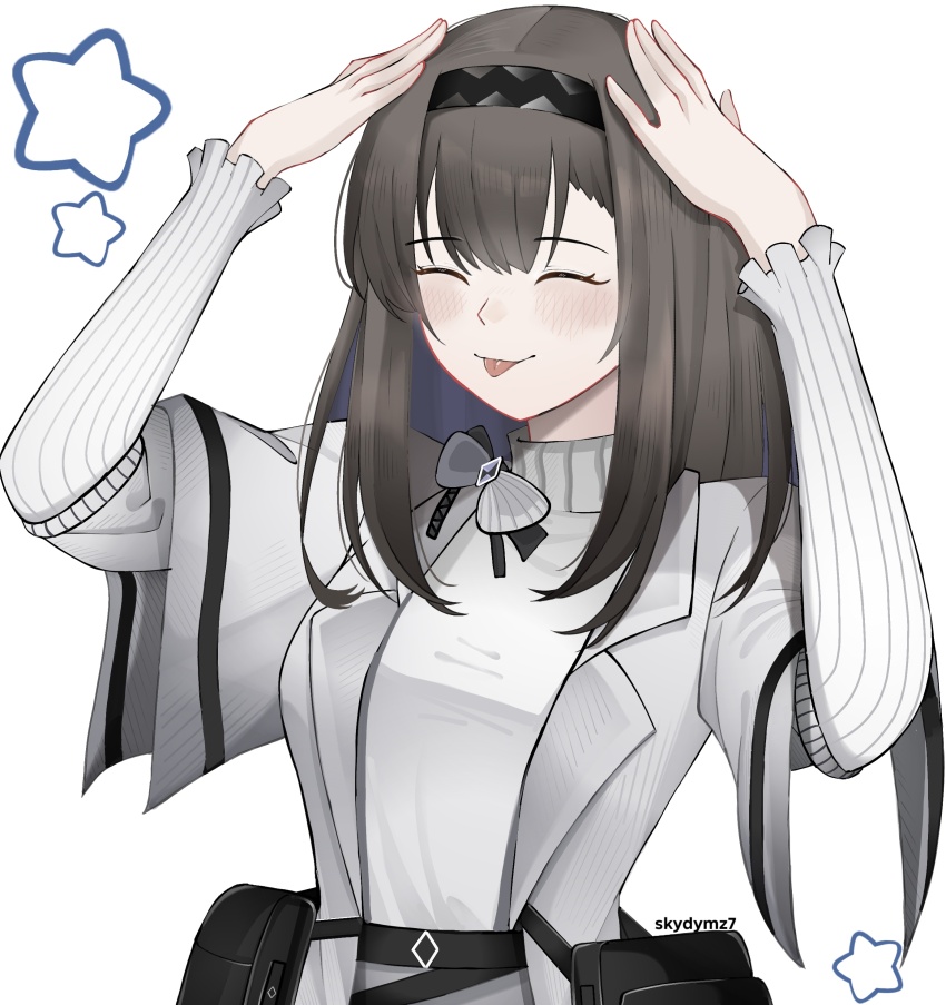 1girl :p ^_^ absurdres ah_eto..._bleh_(meme) arknights arms_up black_hair black_hairband blush closed_eyes closed_mouth dr.deims_(dim5s) grey_jacket grey_sweater hairband hands_on_own_head highres jacket lapels long_sleeves medium_hair meme open_clothes open_jacket priestess_(arknights) simple_background smile solo star_(symbol) sweater tongue tongue_out turtleneck turtleneck_sweater twitter_username upper_body white_background