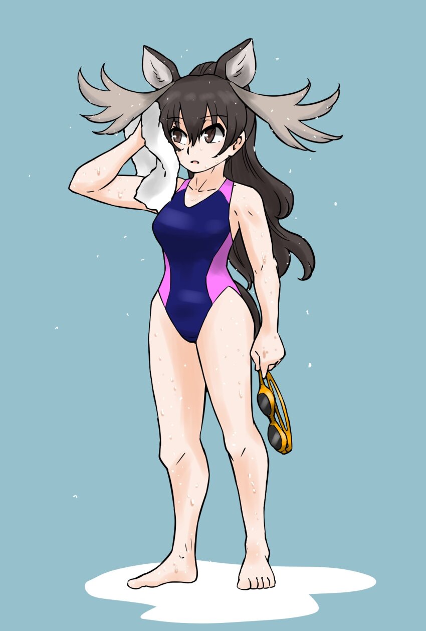 animal_ears antlers bare_arms bare_legs bare_shoulders barefoot blue_one-piece_swimsuit brown_eyes brown_hair competition_swimsuit extra_ears full_body goggles gravi_pig4891 hair_between_eyes highres holding holding_goggles horns kemono_friends long_hair moose_(kemono_friends) moose_antlers moose_ears moose_girl moose_tail one-piece_swimsuit ponytail purple_one-piece_swimsuit sidelocks swimsuit tail towel two-tone_one-piece_swimsuit water_drop wet