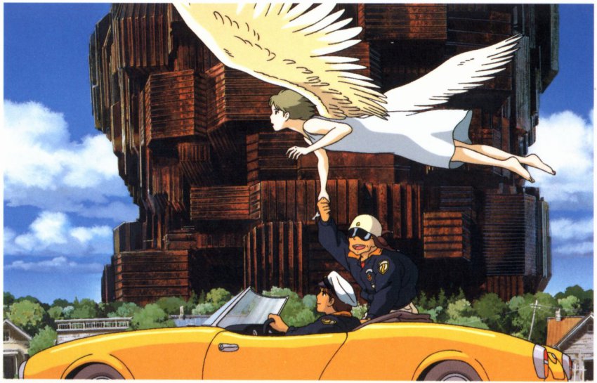 1990s_(style) 1girl 2boys angel angel_wings aska brown_hair car chage dress hat helmet left-hand_drive motor_vehicle multiple_boys on_your_mark retro_artstyle short_hair studio_ghibli uniform wings