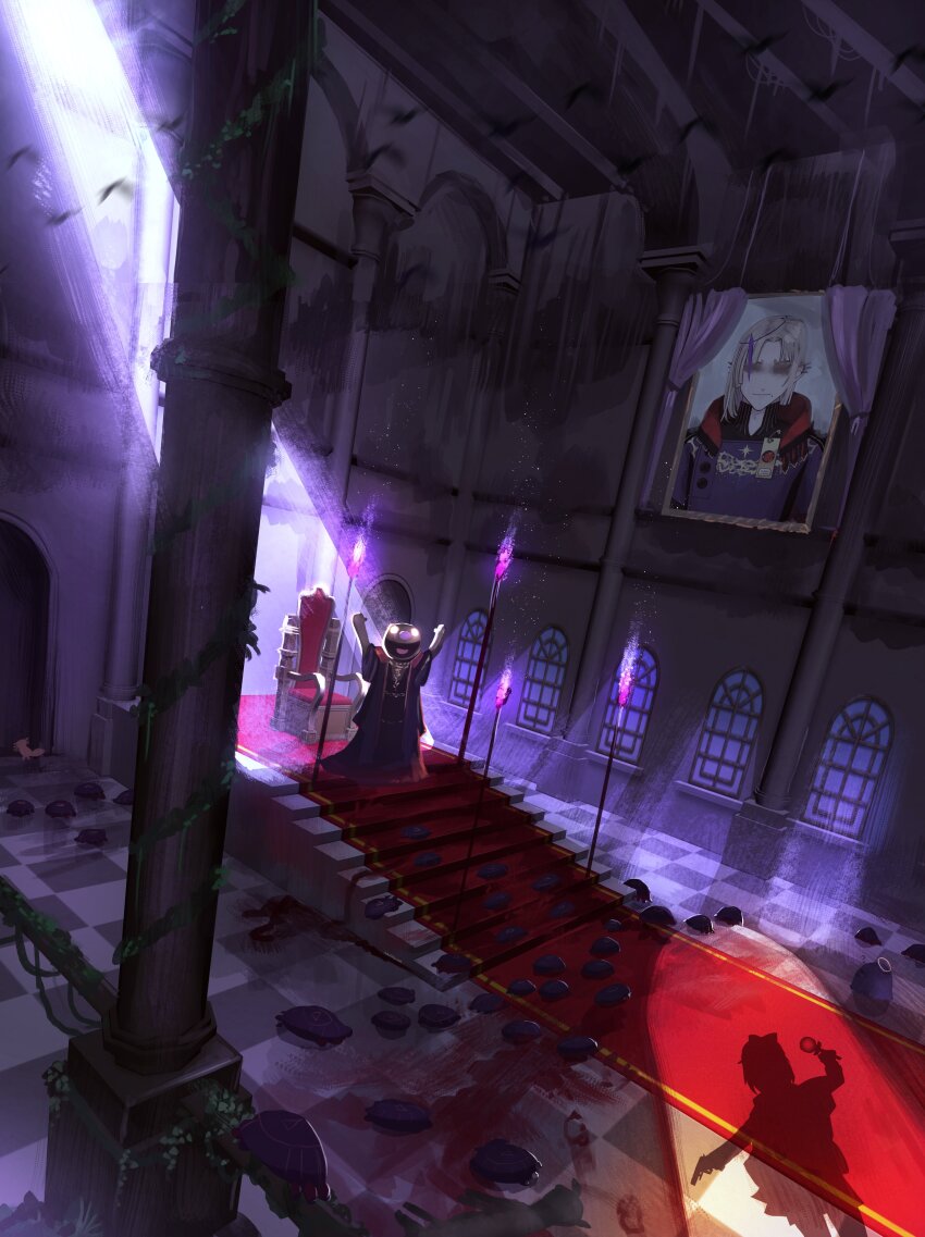 1girl absurdres advarcher blonde_hair blood blood_stain detective fire gun highres hololive hololive_english holostars holostars_english long_hair magmite_(magni_dezmond) magmo_dezmo magni_dezmond magnifying_glass mole mole_under_mouth multicolored_hair piercing portal_(object) purple_fire robe shadow short_hair silhouette streaked_hair takodachi_(ninomae_ina&#039;nis) throne_room thrown virtual_youtuber watson_amelia weapon yellow_eyes