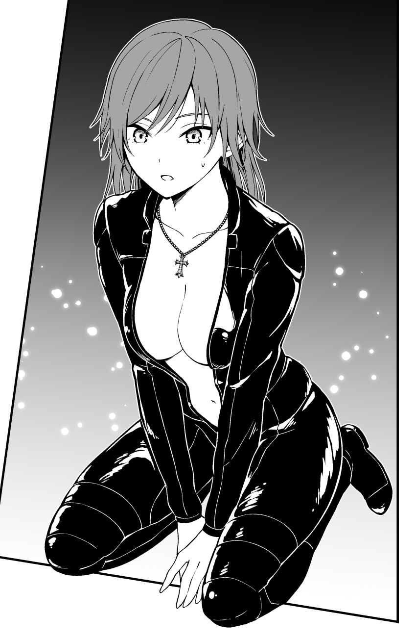 1girl absurdres biker_clothes bikesuit bodysuit breasts cleavage collarbone commission cross cross_necklace full_body genderswap genderswap_(mtf) greyscale highres jewelry kanden_sky long_hair monochrome necklace open_bodysuit open_clothes original pixiv_commission seiza sitting solo
