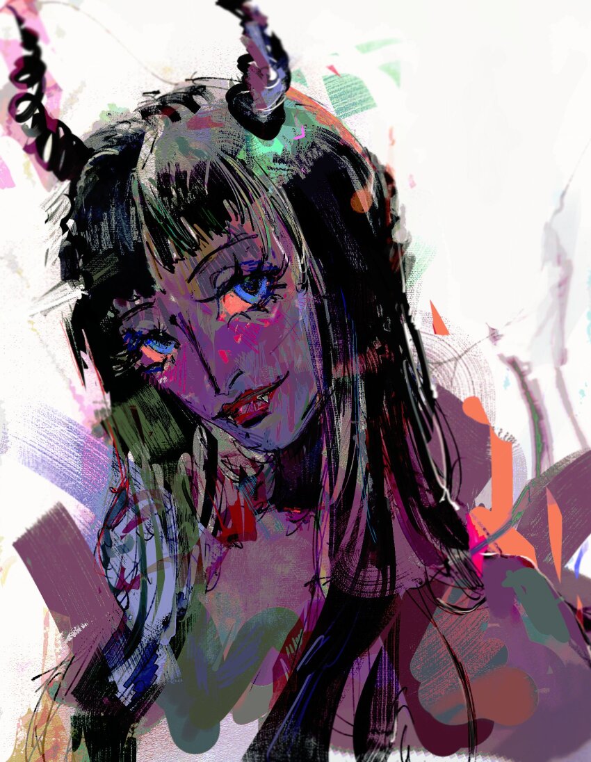 1girl black_hair blue_eyes blunt_bangs choochoos close-up commentary demon_girl demonio_fleur eyelashes fangs hana_hana_no_mi highres horns light_smile long_hair looking_at_viewer nico_robin one_piece red_lips simple_background smile solo upper_body white_background
