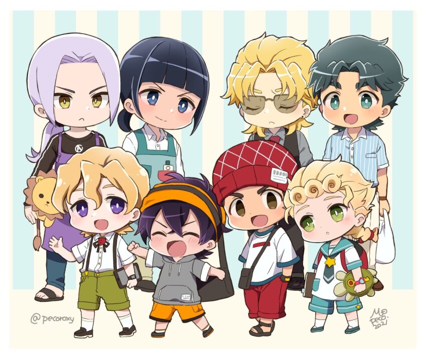 6+boys :d aged_down apron bag beanie black_hair blonde_hair blue_eyes blue_hair blush braid bruno_bucciarati closed_eyes coco_jumbo commentary_request dio_brando family father_and_son giorno_giovanna green_eyes guido_mista hand_in_pocket hat holding holding_bag hood hoodie implied_yaoi jojo_no_kimyou_na_bouken jonathan_joestar leone_abbacchio long_hair looking_at_another male_focus morino_peko multiple_boys narancia_ghirga open_mouth pannacotta_fugo pants purple_eyes sandals shirt shoes short_hair short_sleeves shorts smile stuffed_animal stuffed_lion stuffed_toy sunglasses vento_aureo