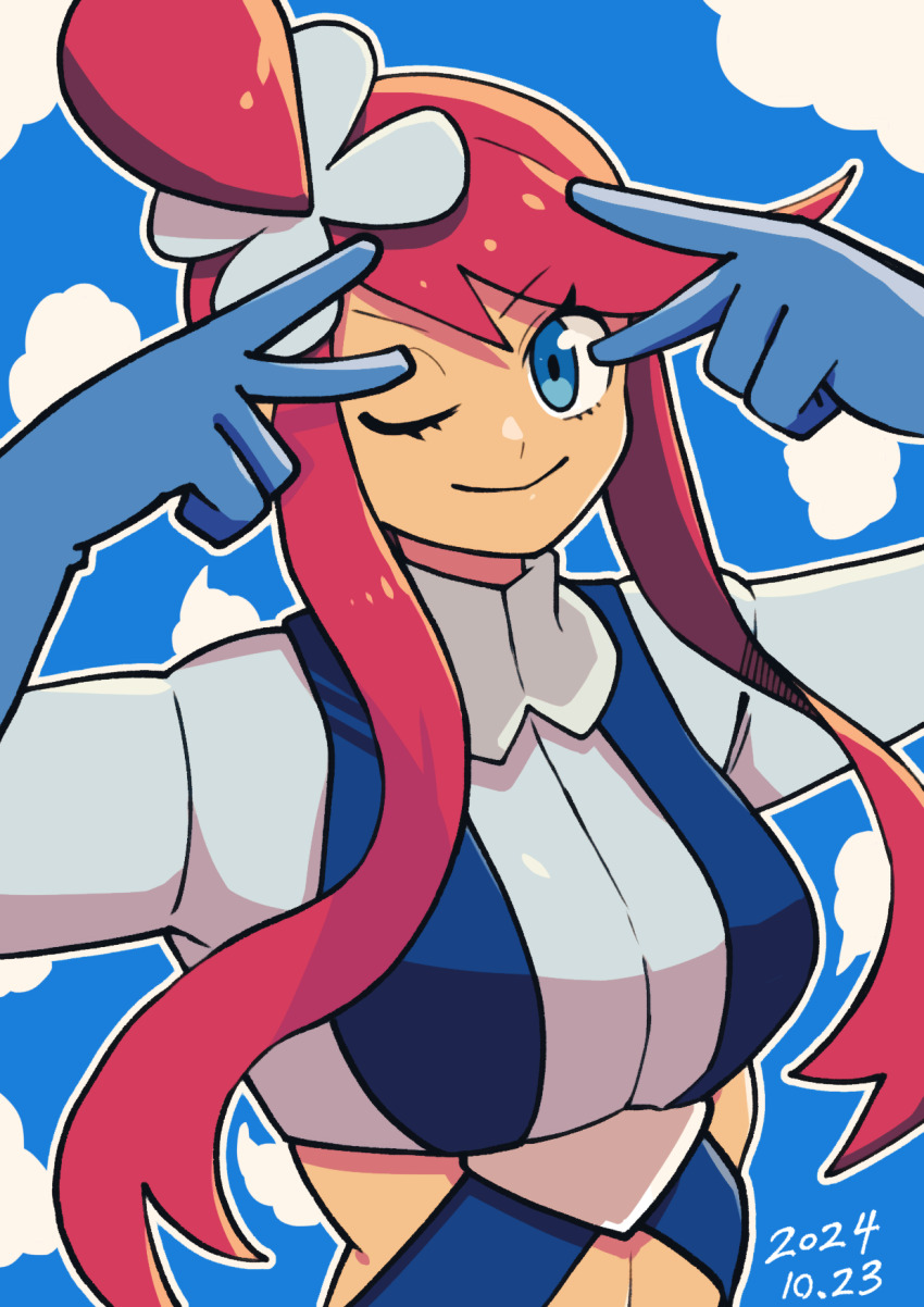 1girl batchgooya blue_eyes blue_footwear blue_gloves blue_shorts breasts crop_top cropped_jacket dated double_v gloves highres large_breasts midriff nintendo one_eye_closed one_side_up pokemon pokemon_bw red_hair short_hair_with_long_locks shorts sidelocks skyla_(pokemon) smile solo upper_body v