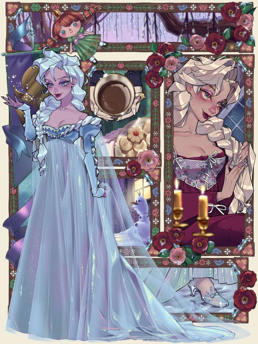 bare_shoulders blonde_hair blue_dress blue_eyes border braid breasts candle cleavage colette_(lettiebobettie) cup doll dress elsa_(frozen) flower frozen_(disney) glass_heels grey_eyes hand_up highres mug multiple_views olaf_(frozen) ornate_border plate red_dress ribbon shoes single_braid smile snow white_hair winter