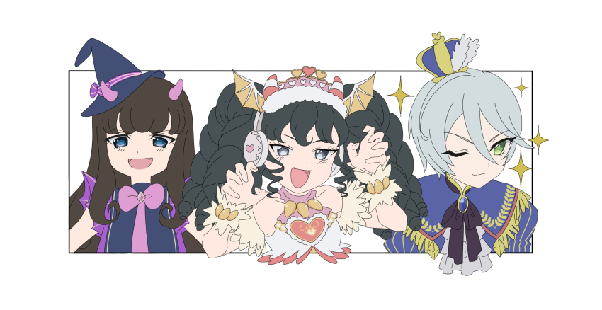 3girls :d a_(toitoitoioekk) bad_id bad_twitter_id black_hair black_ribbon blue_eyes blue_hat blue_jacket brown_hair claw_pose closed_mouth cropped_torso crown fang fangs gaaruru_(pripara) green_eyes grey_eyes grey_hair hair_between_eyes hands_up hat headphones highres horns idol_clothes inactive_account jacket kurosu_aroma long_hair looking_at_viewer mini_crown mini_hat mini_witch_hat multiple_girls neck_ribbon one_eye_closed open_mouth pink_horns pink_ribbon pretty_series pripara ribbon shikyoin_hibiki short_hair sidelocks smile sparkle twintails upper_body white_background witch_hat wrist_cuffs
