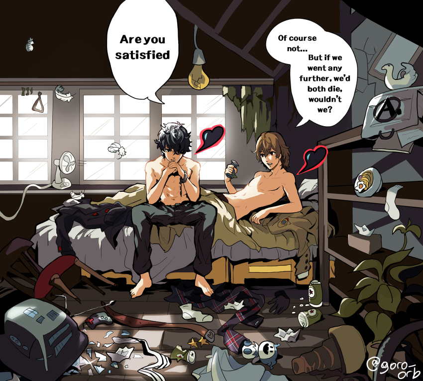 2boys akechi_gorou amamiya_ren barefoot bedroom black_hair broken_handcuffs brown_hair chair electric_fan english_text full_body goro_orb hair_between_eyes health_bar highres jack_frost_(megami_tensei) knocked_over light_bulb loaded_interior male_focus messy_room multiple_boys on_bed open_clothes own_hands_together persona persona_5 persona_5_the_royal red_eyes shelf short_hair sitting speech_bubble tissue_box topless_male twitter_username unworn_clothes window yaoi
