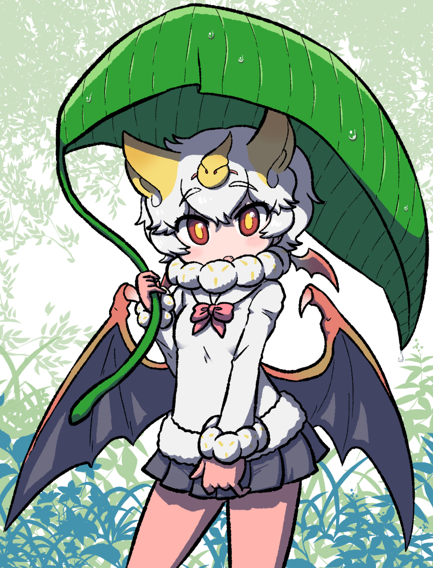 1girl animal_ears bat_ears bat_girl bat_wings bodystocking bow bowtie chibi day eyelashes fang fur-trimmed_sleeves fur-trimmed_sweater fur_collar fur_trim giant_leaf hair_ornament hand_up head_wings highres holding holding_leaf honduran_white_bat_(kemono_friends) kemono_friends kotobuki_(tiny_life) leaf leaf_umbrella long_sleeves looking_at_viewer medium_hair microskirt outdoors outstretched_arm parted_lips plaid_clothes plaid_skirt red_eyes skirt solo sweater water_drop wet white_hair wings yellow_pupils