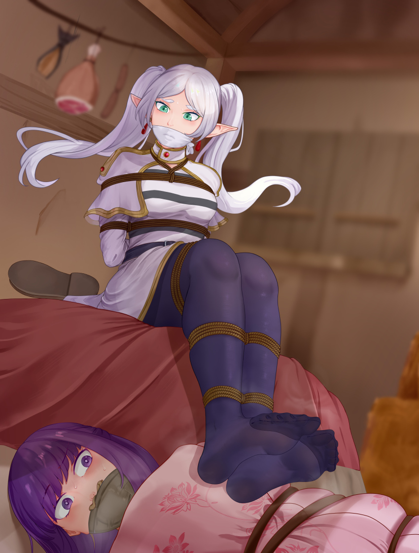 2girls absurdres arms_behind_back bdsm blurry blurry_background bondage boned_meat bound breasts capelet cloth_gag commentary_request dress fern_(sousou_no_frieren) food frieren gag gagged green_eyes highres improvised_gag indoors long_hair looking_at_viewer meat multiple_girls no_shoes cloth_gag pantyhose pointy_ears purple_eyes purple_hair purple_pantyhose rope sausage short_dress small_breasts sousou_no_frieren twintails very_long_hair white_capelet white_dress white_hair yuehei_dao