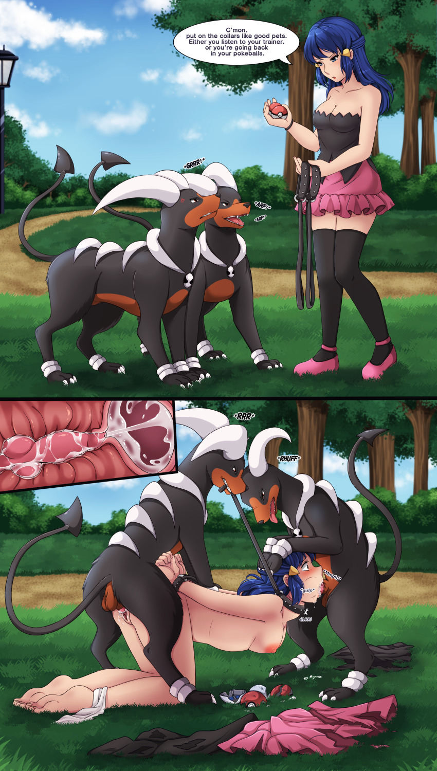 1girl 2boys absurdres arms_behind_back barefoot bdsm bestiality black_thighhighs blue_eyes blue_hair bondage bound breasts cleavage cloud collar cross-section cum cum_in_mouth cum_in_pussy dawn_(pokemon) day dog doggystyle donutella ejaculation feet fellatio frilled_skirt frills from_side full_body gang_rape gen_2_pokemon hetero highres houndoom instant_loss internal_cumshot irrumatio kneeling lamppost leaning_forward leash leash_pull long_hair medium_breasts miniskirt multiple_boys nintendo nipples nude on_floor on_grass oral outdoors pink_footwear pink_skirt pokemon pokemon_(creature) pokemon_dppt pokephilia public_indecency rape restrained sex sex_from_behind skirt sky soles source_request spitroast standing stuck thighhighs toes torn_clothes tree uncensored unworn_clothes uterus vaginal zettai_ryouiki