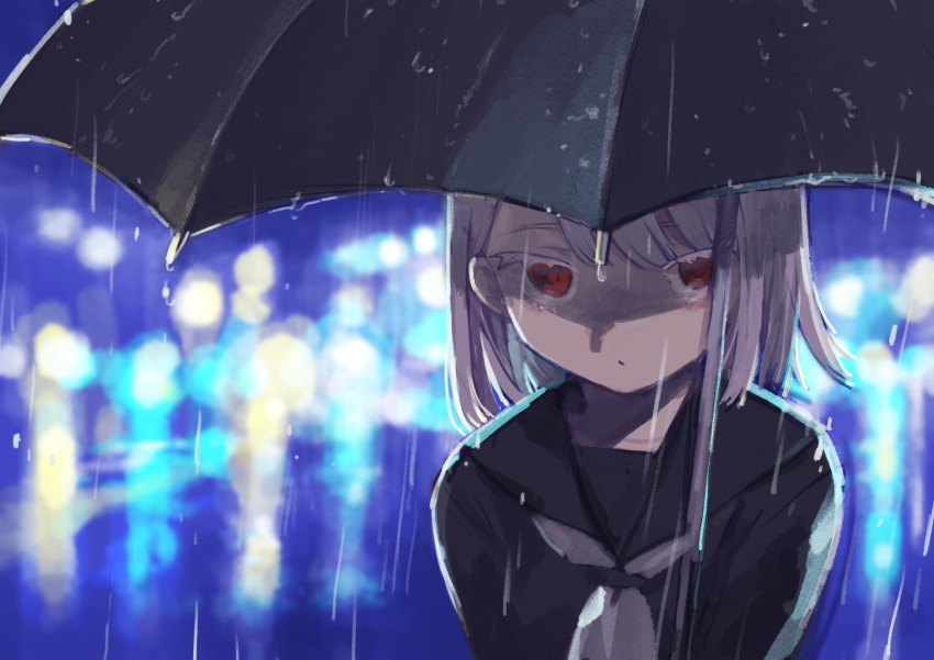 1girl black_sailor_collar black_shirt black_umbrella blurry blurry_background brown_eyes closed_mouth colored_eyelashes commentary_request depth_of_field eyebrows_hidden_by_hair grey_hair grey_neckwear highres karamomo looking_at_viewer original rain sailor_collar school_uniform serafuku shirt solo umbrella upper_body wet