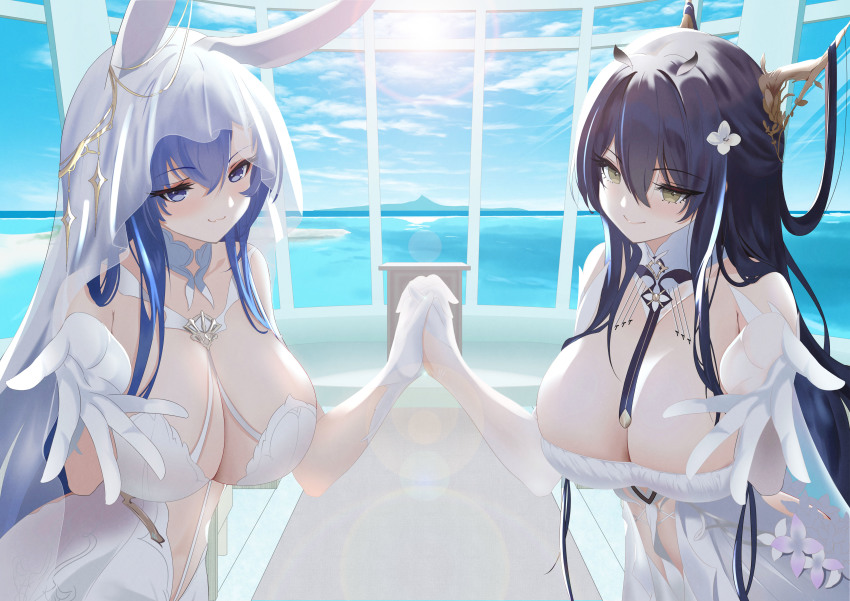 2girls absurdres altar animal_ears antlers azur_lane breasts bridal_veil cleavage dress gloves hair_between_eyes highres holding_hands horns indomitable_(azur_lane) large_breasts long_hair looking_at_viewer mengfeng2575_(moekaze) multiple_girls new_jersey_(azur_lane) new_jersey_(snow-white_ceremony)_(azur_lane) official_alternate_costume outstretched_arm rabbit_ears upper_body veil wedding_dress white_dress white_gloves