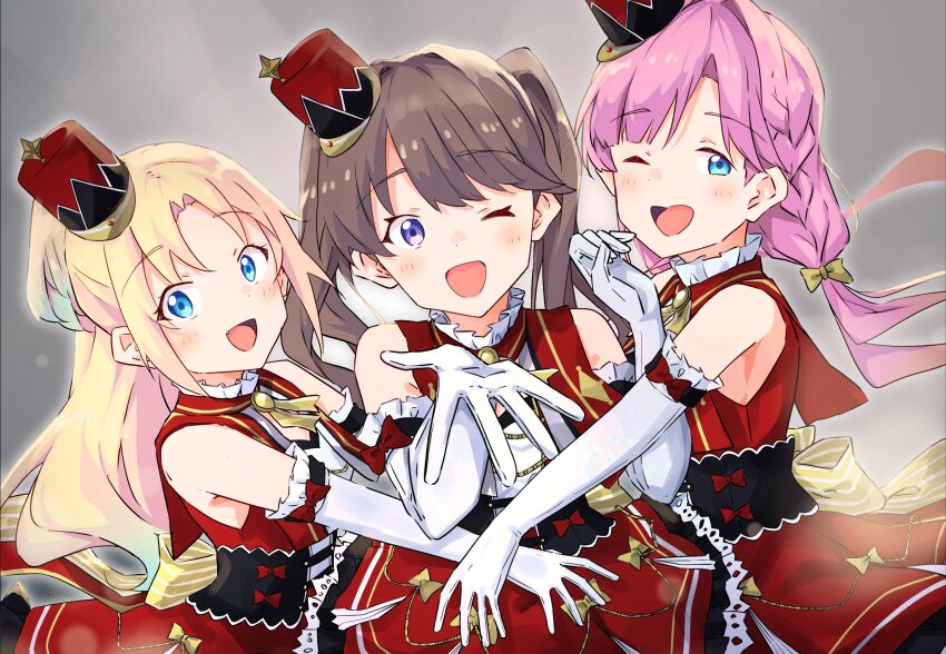 3girls :d ;d aiguillette anyoji_hime armpit_crease bare_shoulders black_corset blonde_hair blue_eyes blunt_bangs blush bow brown_hair corset dress elbow_gloves frilled_gloves frills fujishima_megumi glove_bow gloves gradient_hair grey_background hair_bow hair_intakes hat highres key_of_like! link!_like!_love_live! long_hair looking_at_viewer love_live! low_twintails mini_hat mini_shako_cap mira-cra_park! multicolored_hair multiple_girls official_alternate_costume one_eye_closed open_clothes open_hand open_mouth open_vest osawa_rurino outer_glow parted_bangs pink_hair ponytail red_bow red_dress red_hat red_vest shako_cap shiroko79 simple_background sleeveless sleeveless_dress smile swept_bangs tilted_headwear twintails vest virtual_youtuber white_gloves yellow_bow
