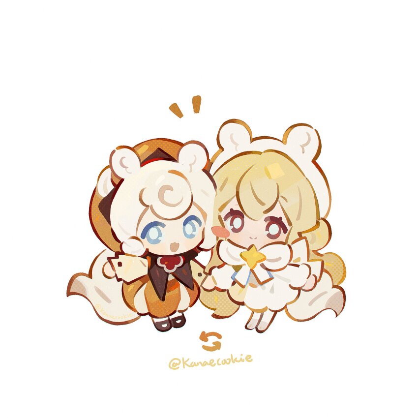 2girls animal_ears animal_hat blonde_hair blue_eyes brooch brown_eyes bubble_skirt caramel_choux_cookie chibi chibi_only cookie_run cookie_run:_ovenbreak cosplay costume_switch cream_ferret_cookie dress ferret_ears ferret_girl food-themed_hat hat highres jewelry kanae_(cookie) multiple_girls skirt tail white_dress