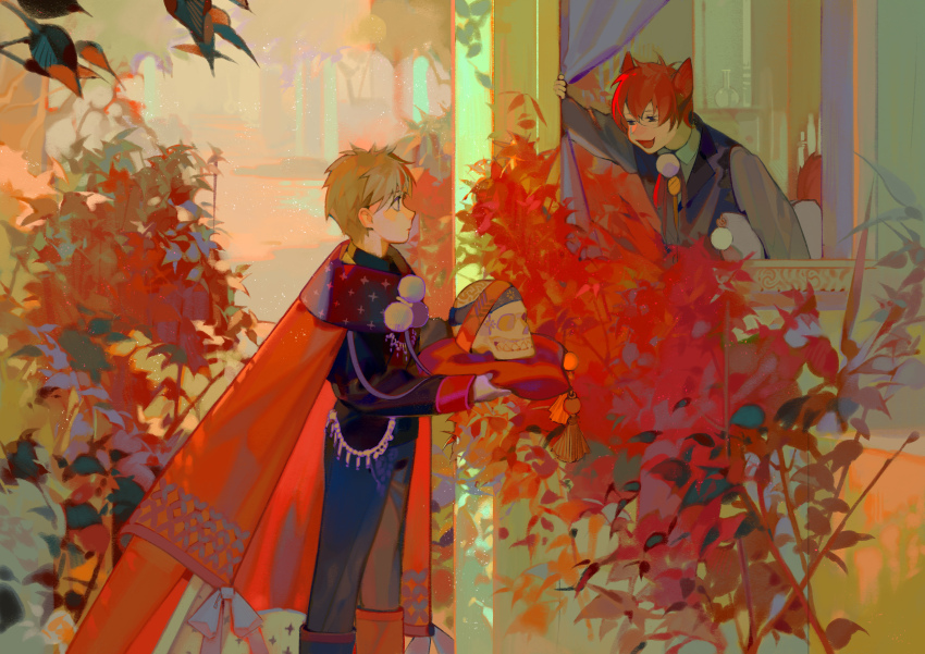 2boys absurdres animal_ears blonde_hair cape cat_boy cat_ears curtains gloves highres holding holding_pillow leaf long_sleeves male_focus multiple_boys open_mouth original outdoors pillow plant profile red_cape red_hair red_pillow short_hair skull smile white_gloves xiaoquandianer
