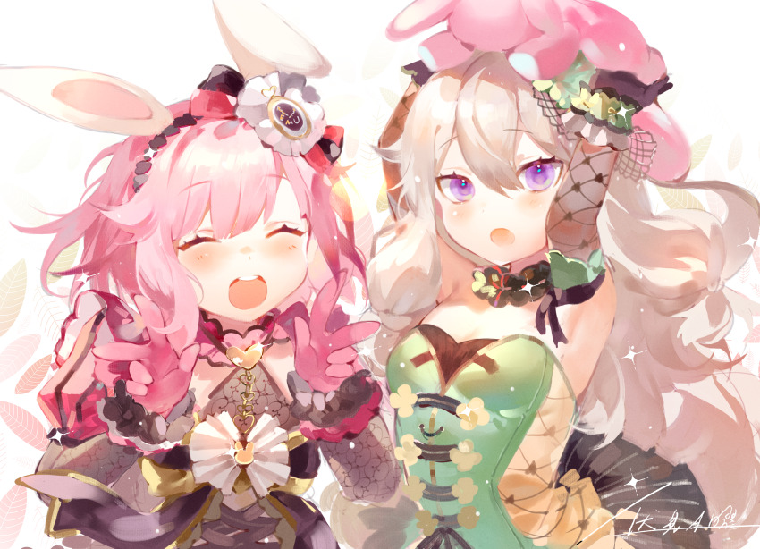 2girls animal_ears armpits arms_up black_gloves blush bow double_w dress elbow_gloves fake_animal_ears gloves green_dress green_hair highres kusanagi_nene lace lace_gloves looking_at_viewer multiple_girls ootori_emu open_mouth pink_dress pink_hair project_sekai purple_eyes rabbit_ears shu_(pjxv7485) simple_background sleeveless sleeveless_dress stuffed_animal stuffed_rabbit stuffed_toy upper_body w white_background white_bow wonder_magical_showtime!_(project_sekai)