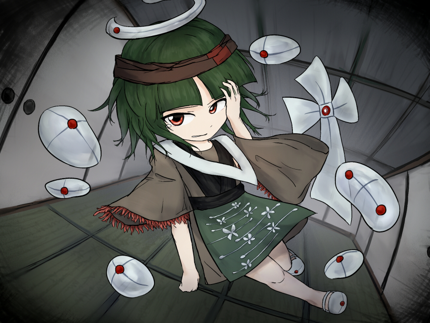 1other androgynous animal_print apron bare_legs bare_shoulders blunt_bangs brown_headband brown_kimono butterfly_print clenched_teeth commentary_request cross dot_nose flying fringe_trim full_body green_apron green_hair halo hand_on_own_head headband highres indoors japanese_clothes kimono kimono_dress kuroda_(kurota_ne) len&#039;en long_sleeves medium_hair official_style other_focus para_(len&#039;en) para_(len&#039;en)_(oni) parted_bangs red_eyes sad shouji sleeveless sleeveless_kimono sliding_doors slippers solo split_ends tatami tearing_up teeth vignetting waist_apron white_slippers wide_sleeves