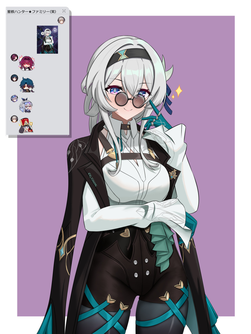 1girl absurdres aqua_gloves black_hairband black_jacket blade_(honkai:_star_rail) breasts caelus_(honkai:_star_rail) closed_mouth commentary_request cosplay cowboy_shot firefly_(honkai:_star_rail) glasses gloves gradient_eyes green_pupils grey_hair hair_between_eyes hair_intakes hair_ornament hair_ribbon hairband hand_up high-waist_shorts highres honkai:_star_rail honkai_(series) jacket kafka_(honkai:_star_rail) kafka_(honkai:_star_rail)_(cosplay) klashikari large_breasts long_sleeves looking_at_viewer multicolored_eyes open_clothes open_jacket pantyhose pince-nez pom-pom_(honkai:_star_rail) purple_background ribbon round_eyewear shirt shorts silver_wolf_(honkai:_star_rail) simple_background smile solo sparkle stelle_(honkai:_star_rail) sunglasses teeth text_messaging trailblazer_(honkai:_star_rail) two-tone_eyes white_shirt
