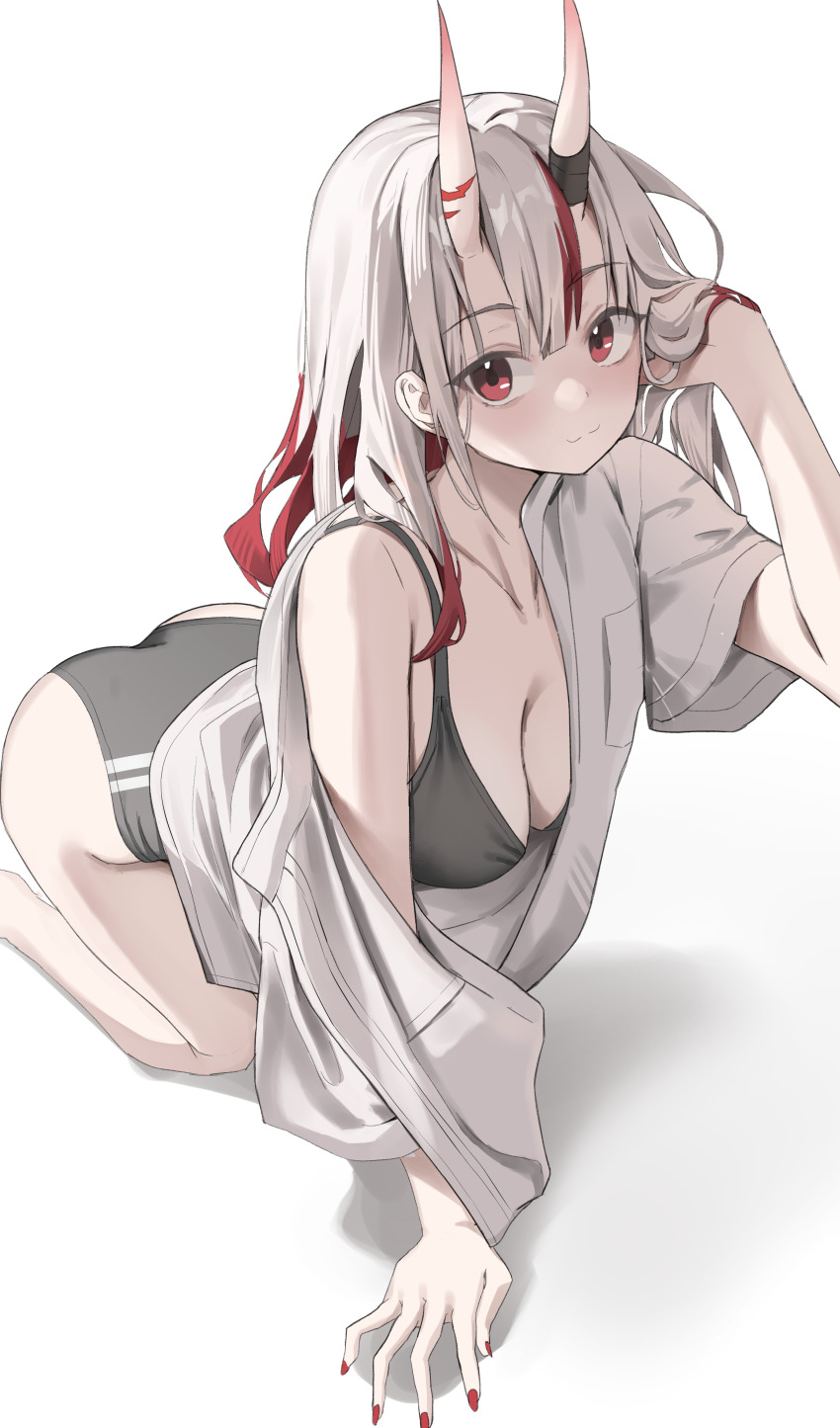 1girl absurdres adjusting_hair alternate_costume arm_up ass black_bra black_panties bra breasts cleavage closed_mouth commentary from_above gradient_hair grey_hair hair_between_horns hand_on_ground highres hololive horns kneeling long_hair looking_at_viewer multicolored_hair nakiri_ayame off_shoulder oni panties red_eyes red_hair scarlet_(wv0102) shirt short_sleeves simple_background skin-covered_horns smile solo streaked_hair symbol-only_commentary underwear virtual_youtuber white_background white_shirt