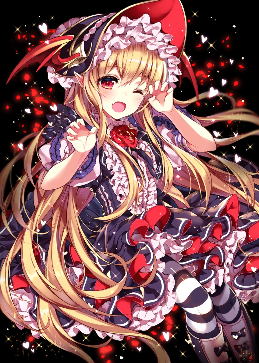 1girl ;d bad_id bad_pixiv_id black_background blonde_hair blush boots claw_pose dress fang female_focus frilled_sleeves frills granblue_fantasy hair_between_eyes head_tilt headpiece heart highres homaderi lolita_fashion long_hair looking_at_viewer one_eye_closed open_mouth pantyhose pointy_ears puffy_short_sleeves puffy_sleeves red_eyes short_sleeves sitting smile solo sparkle striped_clothes striped_pantyhose vampy very_long_hair