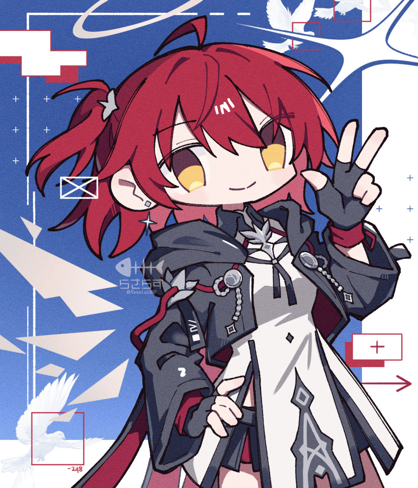 1girl ahoge arknights artist_name black_gloves black_jacket breasts cross cross_earrings detached_wings earrings energy_wings exusiai_(arknights) exusiai_the_new_covenant_(arknights) fingerless_gloves gloves halo highres jacket jewelry looking_at_viewer one_side_up rasarasu red_hair shirt smile solo traditional_halo twitter_username w white_shirt wings yellow_eyes