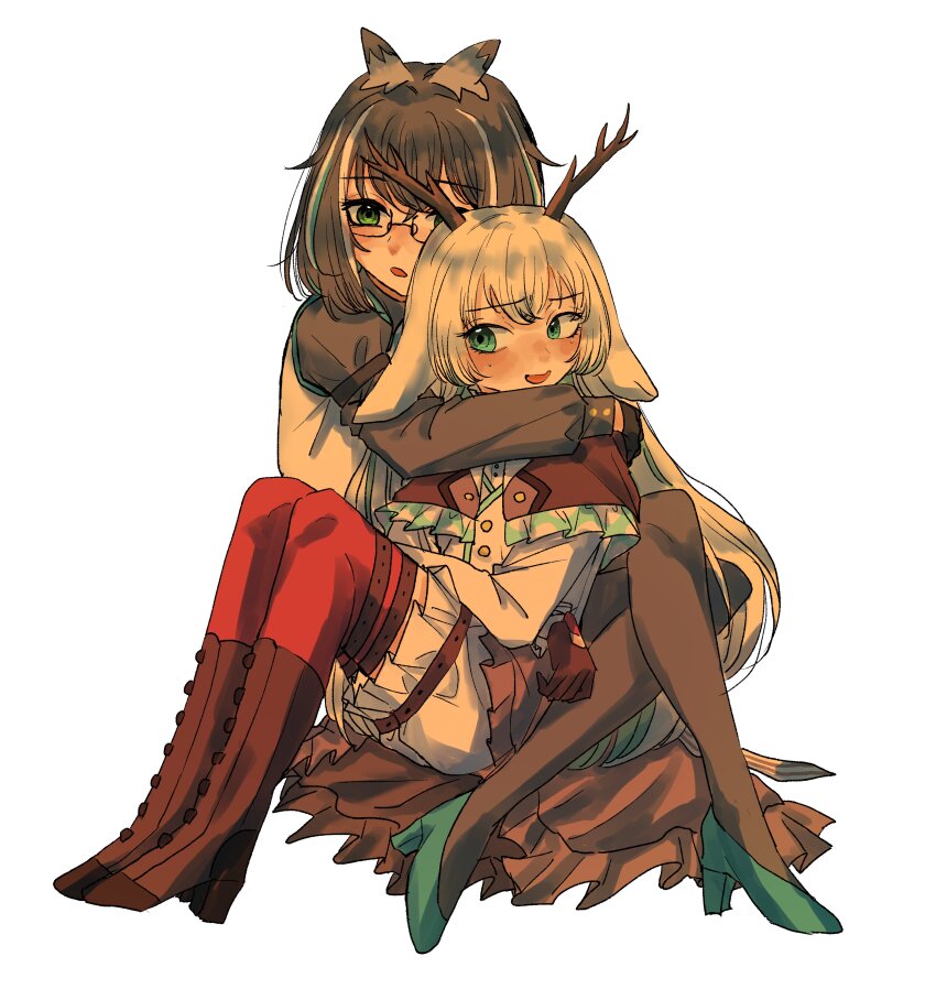2girls absurdres amaotome animal_ears antlers black-framed_eyewear black_gloves black_pantyhose blue_eyes blue_footwear blue_hair blush boots brown_footwear capelet deer_ears deer_girl dress frilled_capelet frilled_dress frills full_body glasses gloves grey_hair grey_wings head_wings high_heels highres horns hug juliet_sleeves long_hair long_sleeves multicolored_hair multiple_girls nanashi_inc. open_mouth oura_rukako oura_rukako_(1st_costume) pantyhose puffy_sleeves red_thighhighs short_hair simple_background sitting streaked_hair thighhighs tsukinoki_tirol virtual_youtuber white_background white_dress white_hair wings