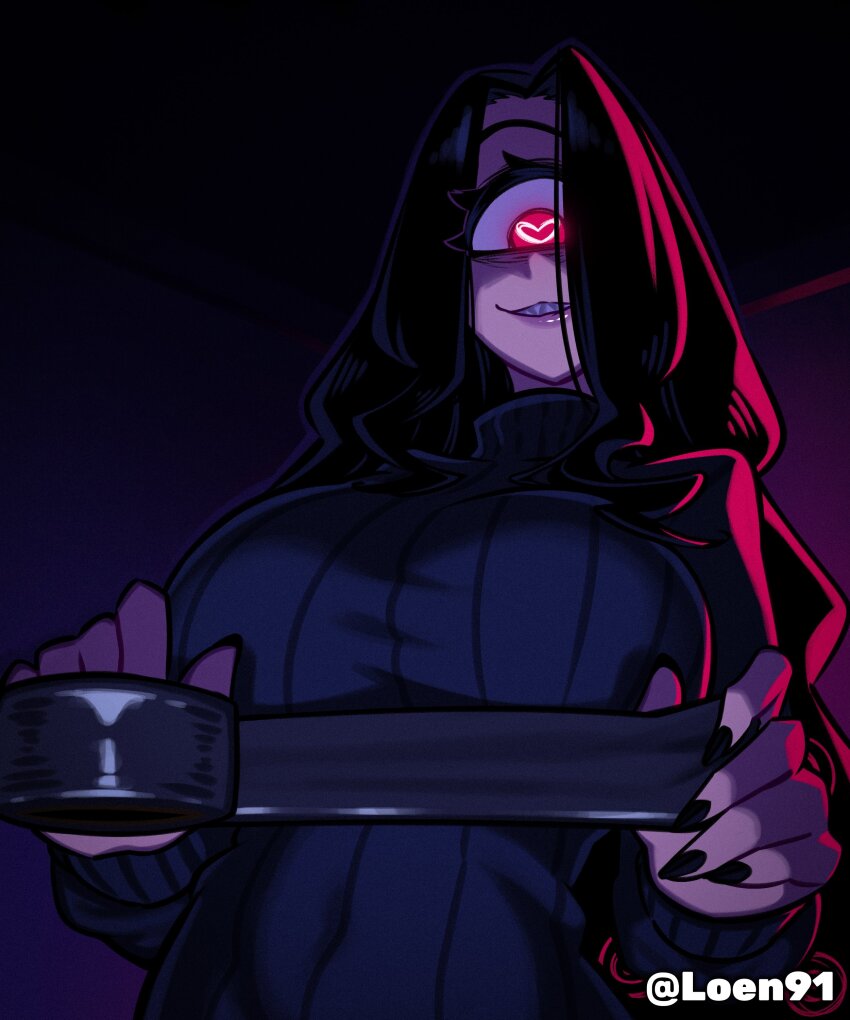 1girl absurdres black_hair black_nails black_sweater breasts commentary cyclops duct_tape english_commentary fingernails from_below grin heart heart-shaped_pupils highres holding huge_breasts loen one-eyed original red_eyes ribbed_sweater sharp_fingernails sharp_teeth smile solo sweater symbol-shaped_pupils teeth turtleneck turtleneck_sweater twitter_username upper_body