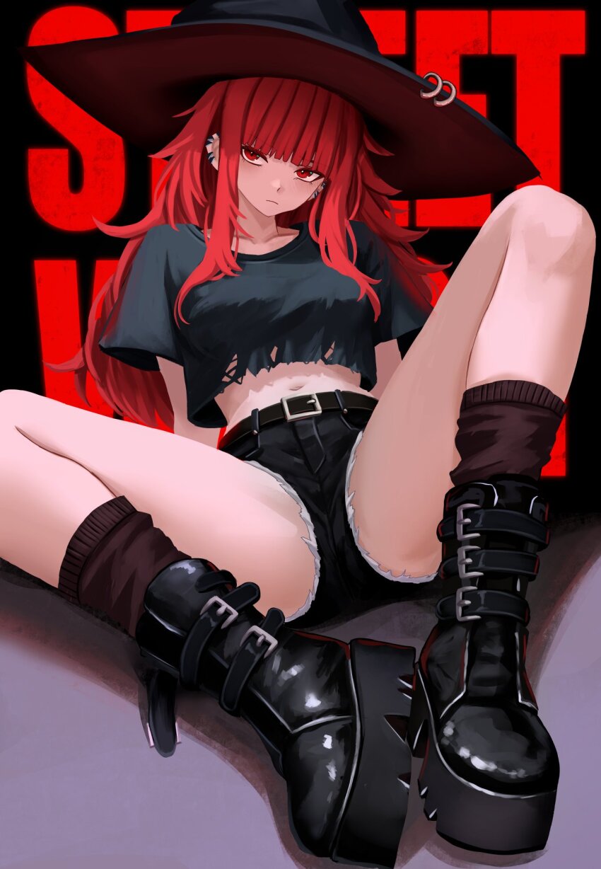 1girl bare_legs belt black_belt black_boots black_shirt boots brown_socks cutoffs denim denim_shorts ear_piercing hat highres legs long_hair on_floor original pierced_hat piercing platform_boots red_eyes red_hair shirt shorts socks solo spread_legs t-shirt val_(yan_kodiac) witch_hat yan_kodiac