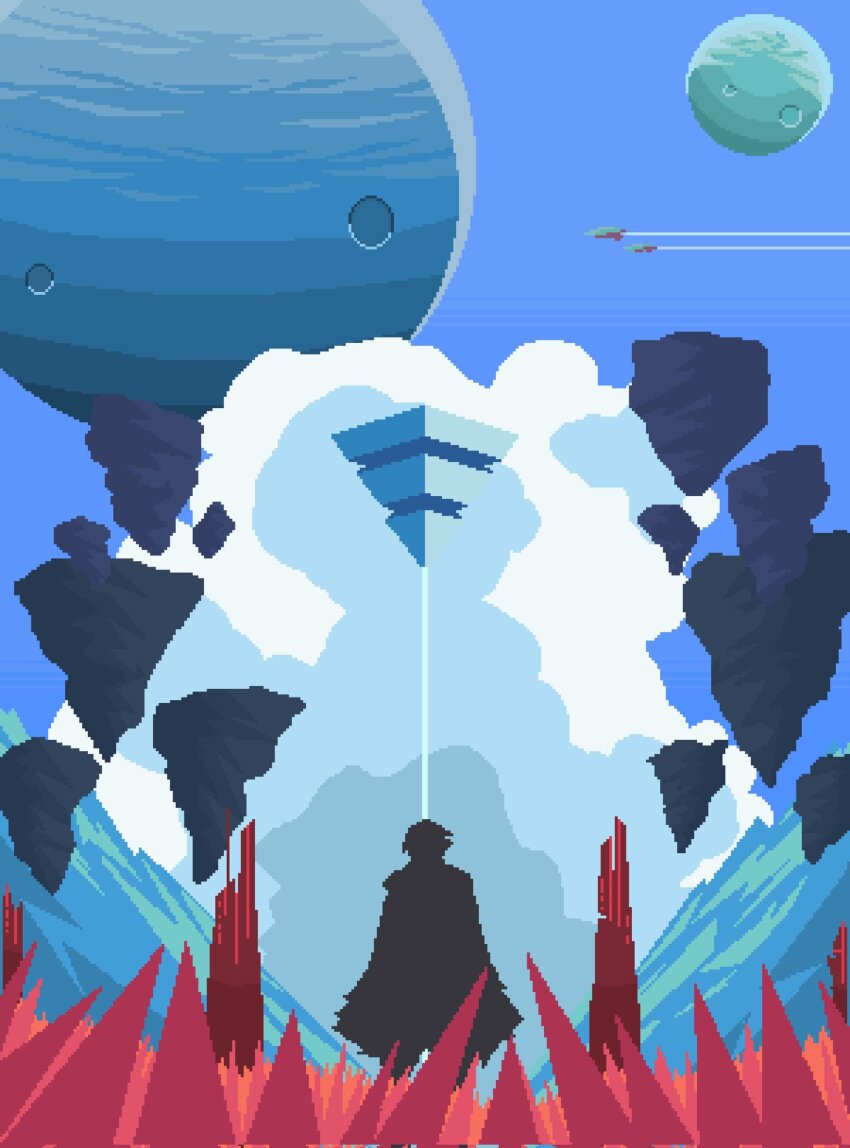 1other aircraft airplane atmospheric_perspective beacon blue_sky cape cloud contrail copyright_request crystal eastblueace floating_rock from_ground highres multiple_moons pixel_art pyramid_(geometry) scenery short_hair silhouette sky solo