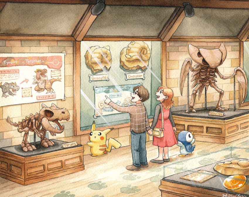 1boy 1girl :o amber_(gemstone) animal_skeleton bird brown_footwear brown_hair brown_shirt character_name commentary commission dress english_commentary footprints fossil gem gen_1_pokemon gen_4_pokemon gen_6_pokemon glasses holding_hands indoors kabutops long_sleeves museum nintendo oliver_hamlin omanyte omastar painting_(medium) piplup plaid_clothes plaid_shirt pointing pokemon pokemon_(creature) shirt traditional_media tyrantrum tyrunt watercolor_(medium)