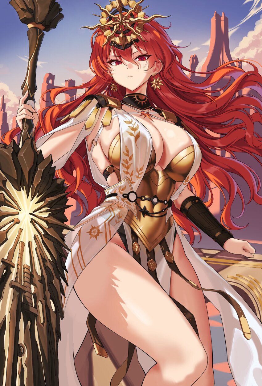 1girl absurdres ancient_greek_clothes arm_armor armor augusta_(wuthering_waves) breastplate breasts closed_mouth commentary covered_navel dress earrings english_commentary greatsword greco-roman_clothes headgear highres holding holding_sword holding_weapon jewelry kook large_breasts long_hair looking_at_viewer outdoors red_eyes red_hair solo sun_earrings sword thighs weapon white_dress wuthering_waves