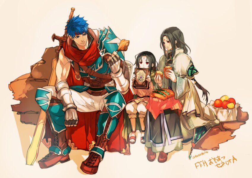 3boys aged_down blue_hair book brown_footwear dual_persona facial_mark fire_emblem fire_emblem:_radiant_dawn fire_emblem_heroes forehead_mark gauntlets greatsword holding holding_book ike_(fire_emblem) ike_(vanguard_legend)_(fire_emblem) long_hair low_ponytail multiple_boys muscular muscular_male nanathuika nintendo official_alternate_costume ponytail ragnell red_scarf robe sandals scarf short_hair single_bare_shoulder soren_(fire_emblem) soren_(hushed_voice)_(fire_emblem) soren_(radiant_confidant)_(fire_emblem) sword very_short_hair weapon white_background white_robe