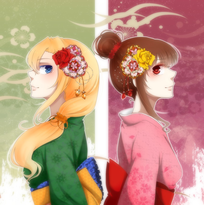 2girls alternate_costume alternate_hairstyle back-to-back blonde_hair blue_eyes brown_hair flower hair_bun hair_flower hair_ornament highres ib_(ib) ib_(kouri) japanese_clothes kimono mary_(ib) multiple_girls ponytail red_eyes red_flower red_rose rose single_hair_bun toushirou yellow_flower yellow_rose