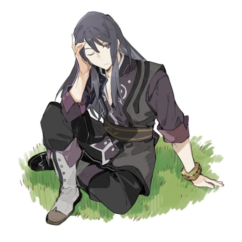 1boy black_eyes black_hair black_pants boots bracelet closed_mouth crossed_ankles hair_between_eyes head_rest jewelry knee_boots long_hair looking_to_the_side male_focus on_grass one_eye_closed pants simple_background solo tales_of_(series) tales_of_vesperia xing_20 yuri_lowell