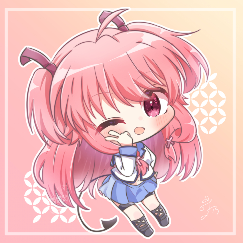 1girl ;d ahoge angel_beats! blue_skirt blush chibi commentary cross_hair_ornament demon_tail fake_tail full_body gradient_background hair_between_eyes hair_ornament hand_on_own_hip hand_up happy highres long_hair long_sleeves looking_at_viewer miniskirt neckerchief one_eye_closed open_mouth pink_background pink_eyes pink_hair pink_neckerchief pleated_skirt shinda_sekai_sensen_uniform shirt sidelocks signature simple_background skirt smile solo standing tail thigh_strap two_side_up utuigawa v very_long_hair white_shirt yui_(angel_beats!)