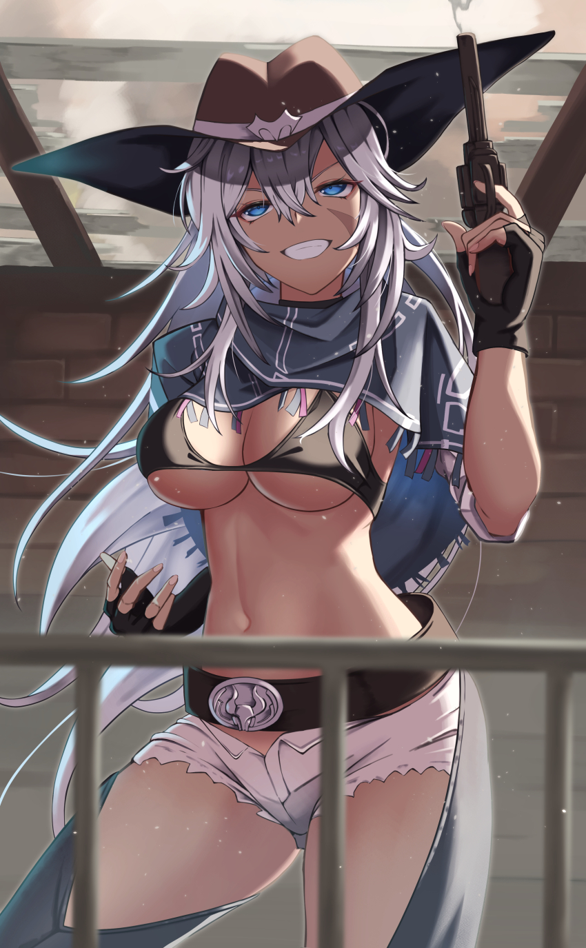 1girl absurdres azur_lane belt bikini black_belt black_bikini black_gloves blue_eyes blurry blurry_foreground breasts brown_hat chaps cleavage colt_1851_navy commentary cowboy_hat cowboy_shot cowboy_western cowgirl_(western) dark-skinned_female dark_skin facial_scar fingerless_gloves gloves grey_shorts grin gun hair_between_eyes handgun hat highres holding indiana_(azur_lane) indiana_(high_noon_arrest)_(azur_lane) large_breasts long_hair navel official_alternate_costume outdoors poncho railing revision revolver rizzy scar scar_on_cheek scar_on_face shorts sidelocks skindentation smile smoke smoking_barrel solo standing stomach swimsuit teeth underboob weapon white_hair