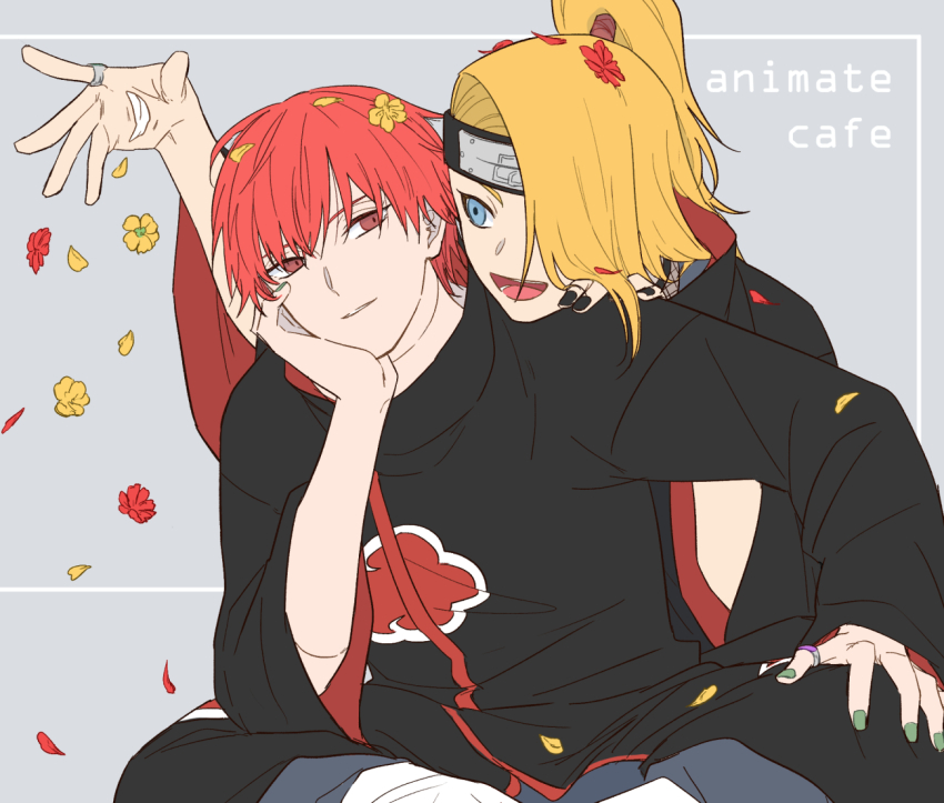 2boys akatsuki_uniform black_nails blonde_hair blue_eyes border deidara_(naruto) english_text extra_mouth eyeliner flower forehead_protector green_nails grey_background grin happy hayamin35 high_ponytail implied_yaoi long_hair makeup multiple_boys naruto_(series) naruto_shippuuden open_mouth ponytail red_flower red_petals sasori_(naruto) simple_background sitting smile throwing throwing_petals yellow_flower yellow_petals