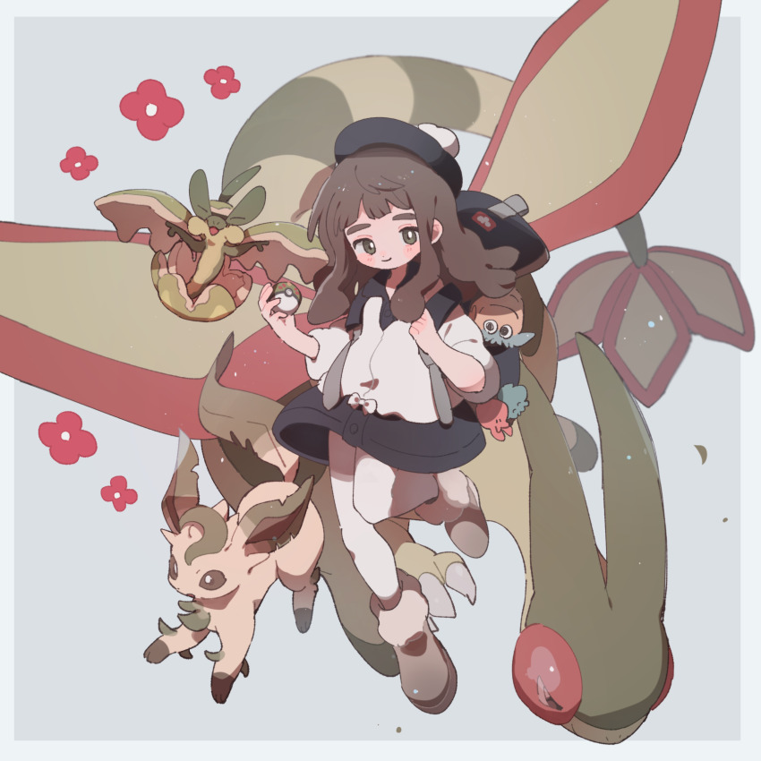 1girl alternate_hair_length alternate_hairstyle backpack bag black_bag black_dress blush boots brown_footwear brown_hair buttons closed_mouth commentary_request dress flapple flygon gen_1_pokemon gen_3_pokemon gen_4_pokemon gen_8_pokemon gloria_(pokemon) hands_up highres holding holding_poke_ball holding_strap in_bag in_container jacket leafeon long_hair nintendo nodori710 omanyte pantyhose poke_ball pokemon pokemon_(creature) pokemon_swsh smile white_jacket white_pantyhose