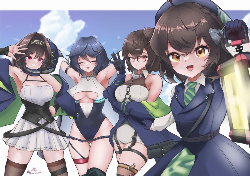 4girls absurdres ahoge allen_m._sumner_(azur_lane) arm_under_breasts arms_up artist_name azur_lane black_bag black_gloves black_ribbon blue_dress blue_gloves blue_hair blue_headwear blue_jacket blue_one-piece_swimsuit braid breasts bristol_(azur_lane) brown_thighhighs closed_eyes clothing_cutout collared_shirt cooper_(azur_lane) diagonal-striped_clothes diagonal-striped_necktie dress gloves gluteal_fold green_jacket green_necktie hair_ribbon half_gloves highres ingraham_(azur_lane) jacket large_breasts medium_breasts medium_hair multicolored_jacket multiple_girls necktie one-piece_swimsuit open_clothes open_jacket open_mouth pleated_dress pon_niki_ode purple_eyes rectangular_eyewear red_eyes ribbon shirt short_dress side_braid skindentation sleeveless sleeveless_dress striped_clothes swimsuit thigh_strap thighhighs two-tone_gloves two-tone_jacket two-tone_swimsuit underboob underboob_cutout white_dress white_one-piece_swimsuit white_shirt yellow_eyes