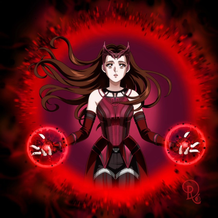 1girl breasts brown_eyes brown_hair commentary commission cowboy_shot drachea_rannak elbow_gloves english_commentary fingerless_gloves gloves highres long_hair magic marvel marvel_cinematic_universe medium_breasts scarlet_witch solo tiara wandavision watermark