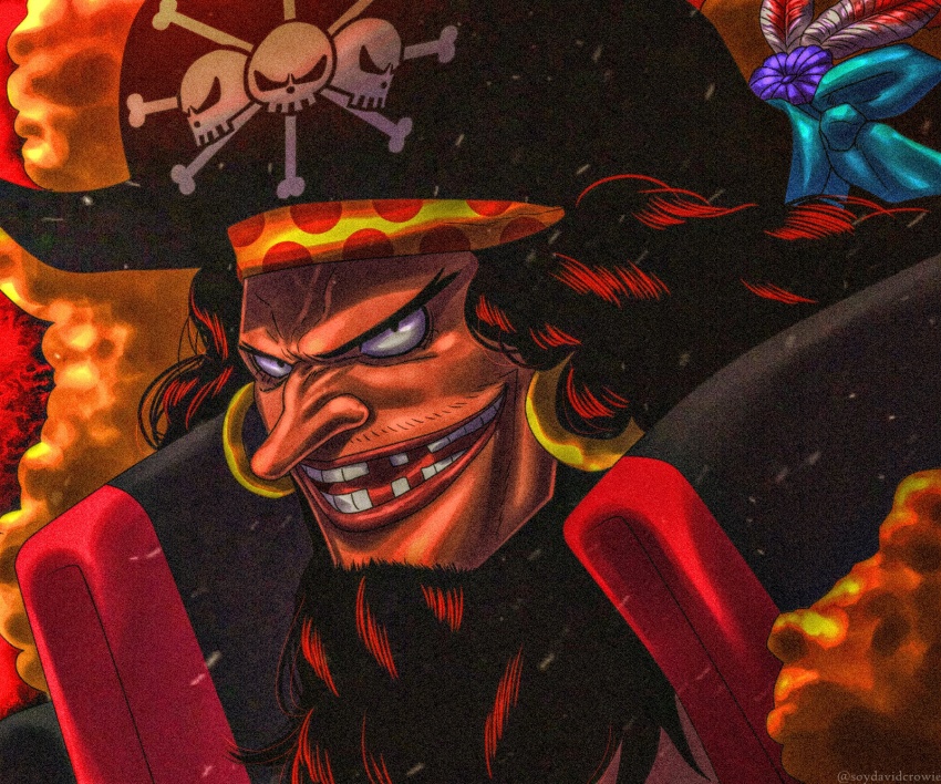 1boy beard black_eyes black_hair commentary earrings english_commentary facial_hair hat hat_feather highres hoop_earrings jewelry long_hair looking_at_viewer male_focus marshall_d._teach missing_tooth mustache_stubble one_piece open_mouth pirate_hat skull_and_crossbones smile solo soydavidcrowie stubble