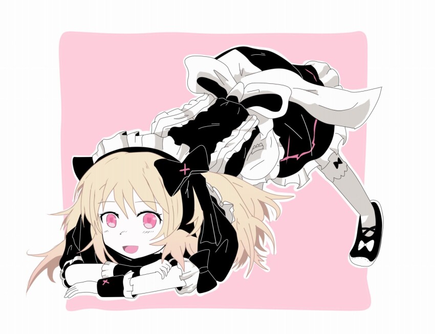 1girl bad_id bad_pixiv_id black_dress black_shoes blonde_hair chaos_marie_(grimms_notes) dress grimms_notes jack-o&#039;_challenge maid open_mouth pink_eyes shoes smile solo tomoegatadouki