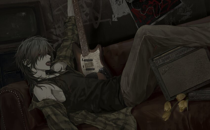 1boy absurdres black_shirt brown_hair brown_pants couch crt electric_guitar flower green_jacket guitar highres instrument inverted_cross_necklace jacket jiz_(pffbq) looking_at_viewer lying male_focus medium_hair messy_hair on_back on_couch open_mouth original pants red_eyes sharp_teeth shirt sleeveless sleeveless_shirt solo teeth tongue tongue_out yellow_flower