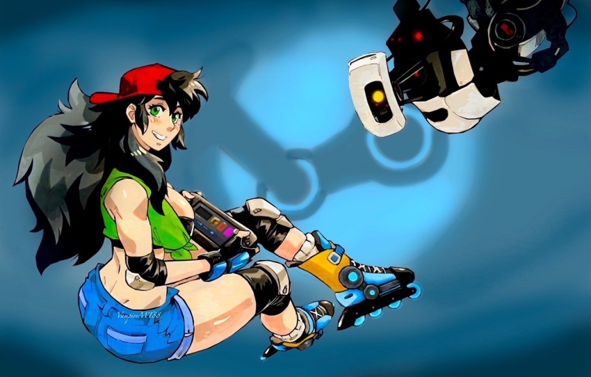 1girl ass black_hair blush breasts cleavage glados green_eyes large_breasts long_hair portal_(series) robot shorts tina_otto twistedterra