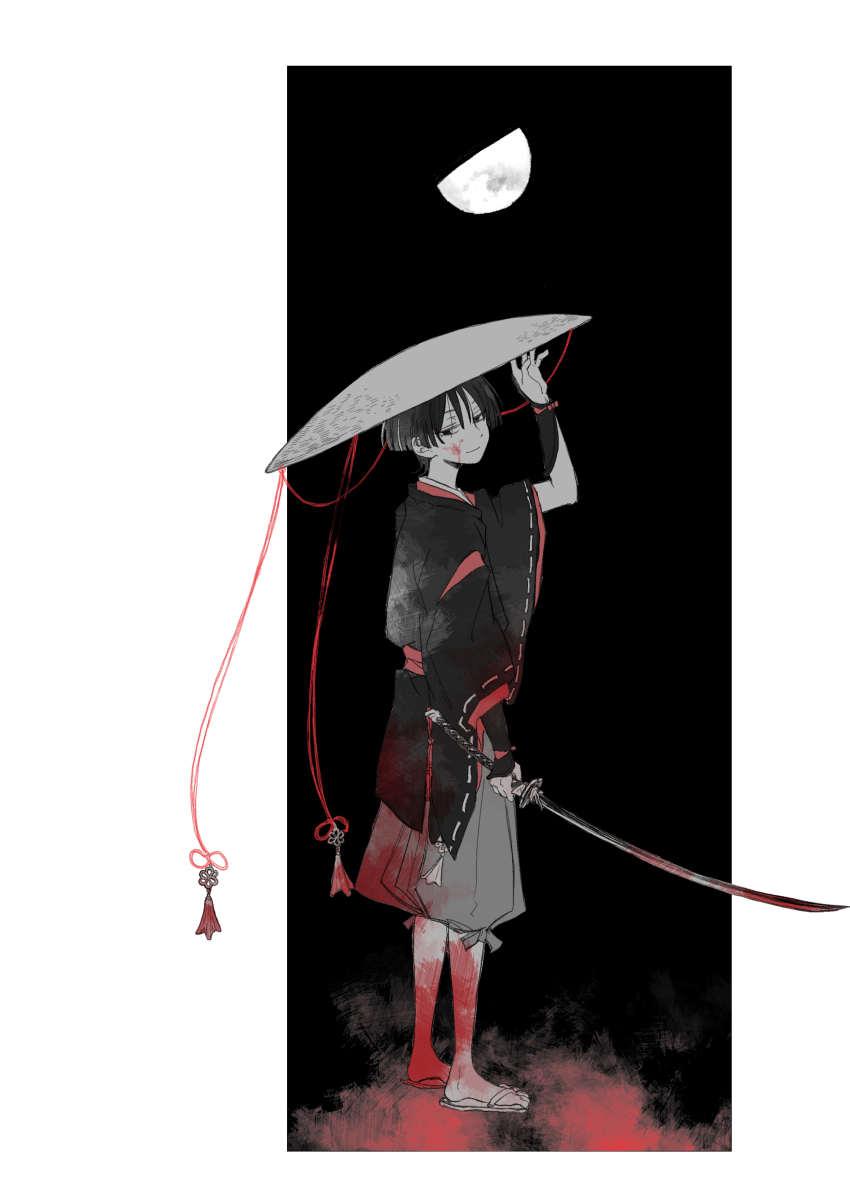 1boy absurdres armor black_eyes black_hair black_kimono blood blood_on_clothes blood_on_face blood_on_leg blunt_ends border evil_smile from_side genshin_impact grey_pants half_moon hand_up hat highres holding holding_sword holding_unworn_clothes holding_unworn_hat holding_weapon japanese_armor japanese_clothes jingasa kariginu katana kimono knot kote kurokote kuronushi_(genshin_impact) layered_clothes layered_kimono layered_sleeves long_sleeves male_focus marmochi moon pants red_rope rope scaramouche_(genshin_impact) smile solo standing sword tassel tilted_headwear unworn_hat unworn_headwear weapon white_border white_trim wide_sleeves