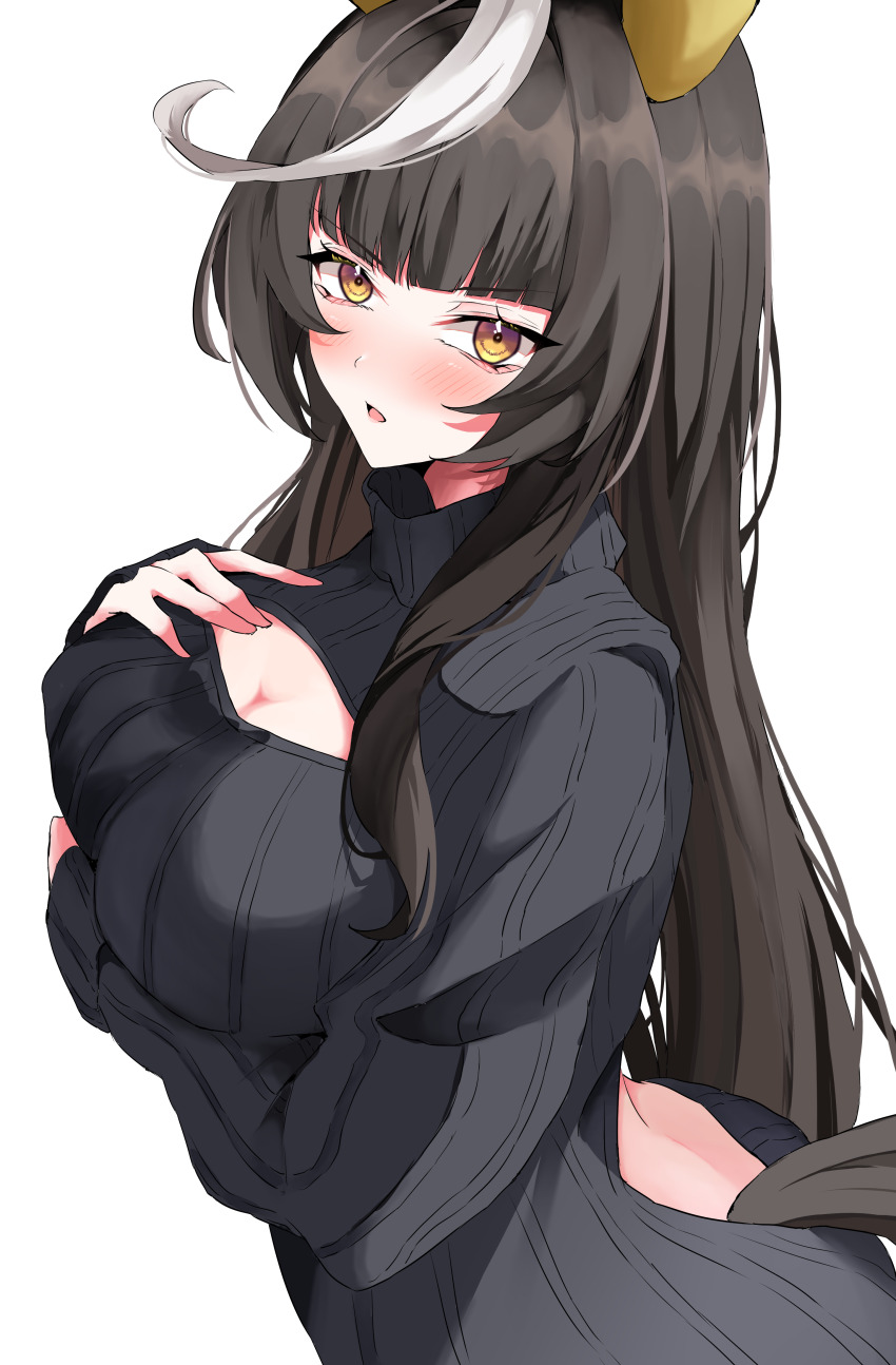 1girl absurdres animal_ears black_hair blunt_bangs breasts calstone_light_o_(umamusume) cleavage commentary_request hair_ornament highres hime_cut horse_ears horse_girl horse_tail potechitarou simple_background solo sweater tail textless_version umamusume white_background yellow_eyes
